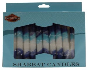 Picture of Shabbos Candles Handcrafted Stripe Design Glacier Blue White Mix 5.5" 12 Count